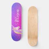 Skateboard Unicorn rose violet Parties scintillant étincelles (Recto)