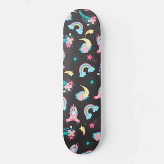 Skateboard Unicorne noire rose Cute étoile florale arc-en-cie (Recto)