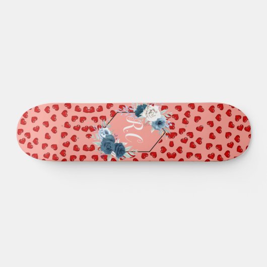 Skateboard unique Red hearts on pink and pattern Custom (Horz)