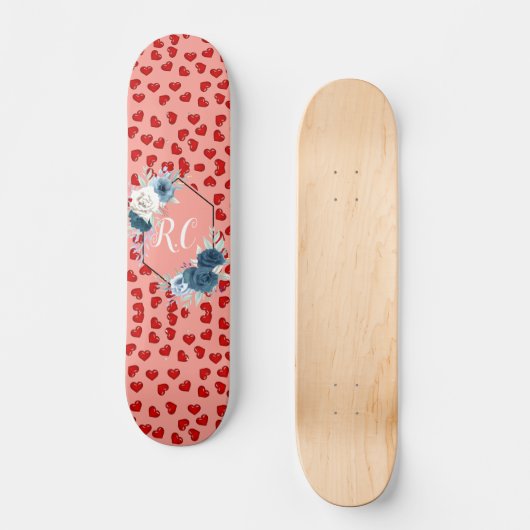 Skateboard unique Red hearts on pink and pattern Custom (Recto)