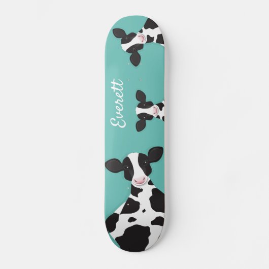 Skateboard Vache Turquoise Noir Blanc Nom de l'animal (Recto)