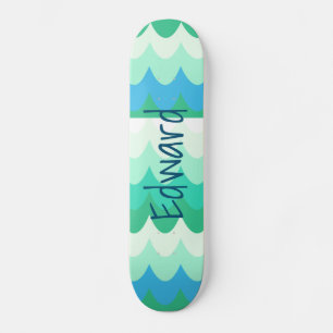 Skateboard Vagues géométriques bleues, vertes et Turquoises