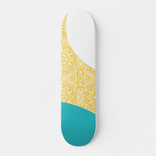 Skateboard Vagues simples - Motif floral Turquoise et Jaune