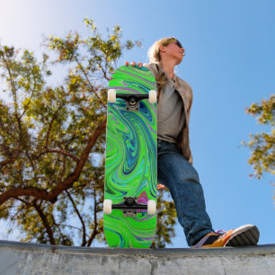 Skateboard Vert lime et bleu Groovy Art Abstrait Rétro