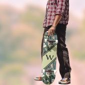 Skateboard Vert sauge Chinoiserie Floral Blanc Initiale
