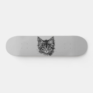 Skateboard Visage de Kitten noir et blanc sur gris