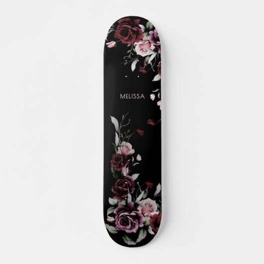 Skateboard Watercolor Roses Black Background (Devant)
