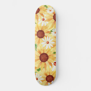Skateboard Watercolor Sunflower and Daisy