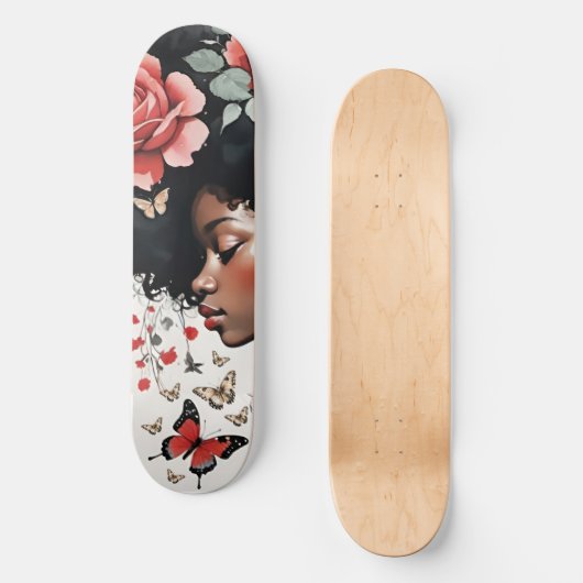 Skateboard Whimsical Black Girl avec Roses et papillons (Recto)