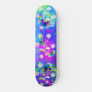 Skateboard Whimsical Neon Wonderland Fleurs Papillons