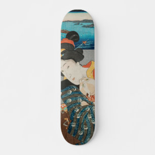 Skateboard Woman playing with Cat Vintage Japanese Print