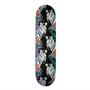 Skateboard Zèbre et motif de fleurs exotique