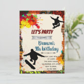 Skateboarden graffiti verjaardagsfeestje uitnodigi kaart (Staand voorkant)