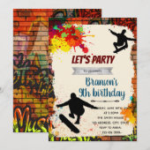Skateboarden graffiti verjaardagsfeestje uitnodigi kaart (Voorkant / Achterkant)