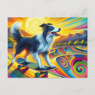 Skateboarden Kleurrijke Surreal Border Collie Briefkaart