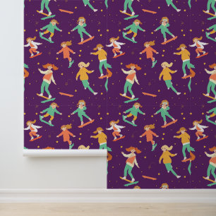 Skateboarden Meisjes met Sterren Patroon Behang