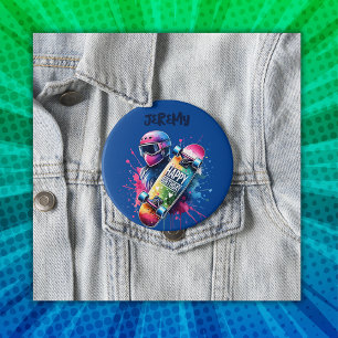 Skateboarden Skater Happy Birthday Monogram Blauw Ronde Button 4,0 Cm