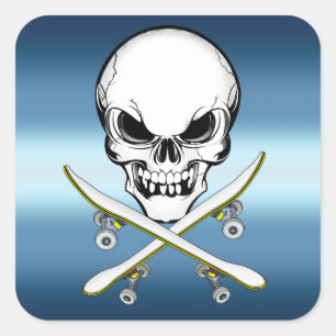 Skateboarden sticker met schedel blauw wit