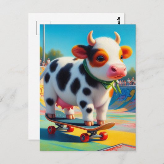 Skateboarden Surreal Kleurrijke en Leuke Koe Briefkaart (Voorkant / Achterkant)