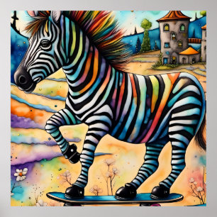 Skateboardende zebra poster