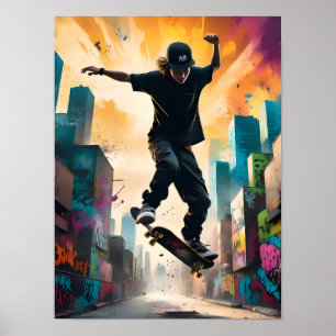 Skateboarder in vlucht – Dynamische truc in de luc Poster