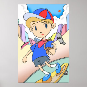 Skateboarder scheurt door de stadsstraten. poster