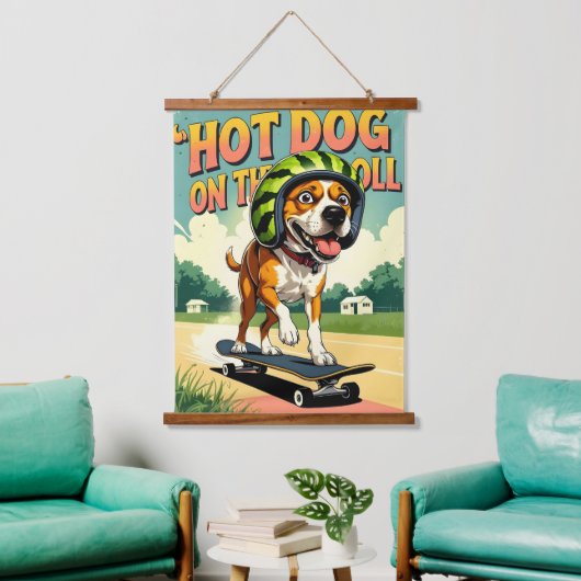 Skateboarding Dog Summer Funny Retro Beach  Hangend Wandkleed (Woonkamer)