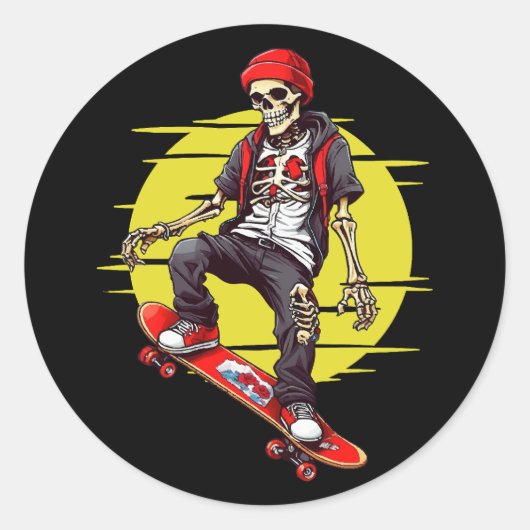 Skateboarding Skeleton Ronde Sticker (Voorkant)