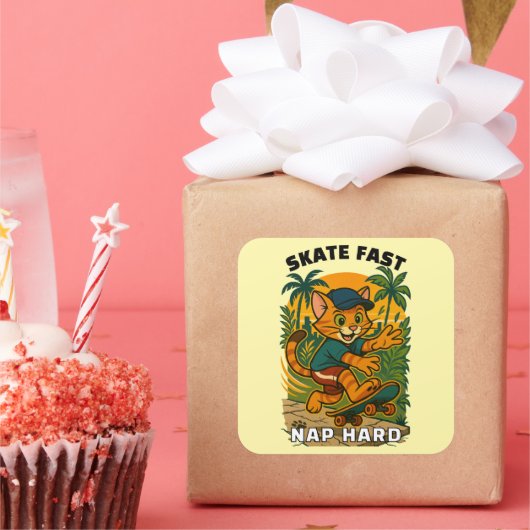 Skateboardkat Vierkante Sticker (Feest)