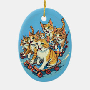Skatende katten in beweging keramisch ornament