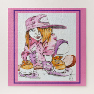 SKATER GIRL IN PINK OP SKATEBOARD OP EEN LEGPUZZEL