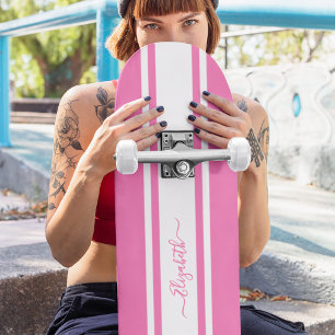 Skater Girl Pink White Racing Stripes Monogramed Skateboard