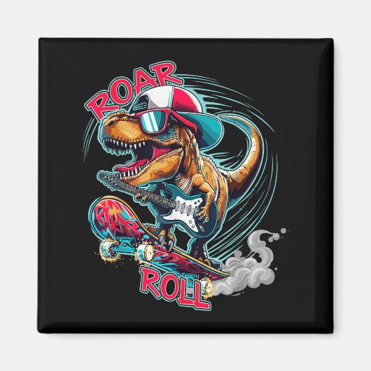 Skater Guitar T-rex Roar Roll Dinosaur For Boys Me Magneet (Voorkant)