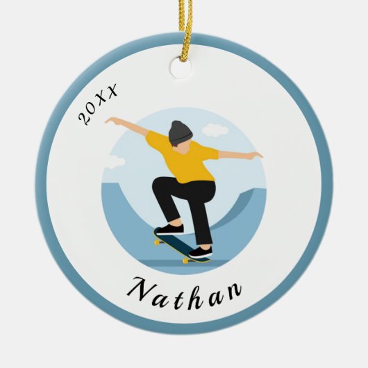 Skater Skateboarding Boy Custom Kind Naam & Jaar Keramisch Ornament (Voorkant)