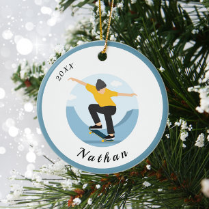 Skater Skateboarding Boy Custom Kind Naam & Jaar Keramisch Ornament