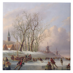 Skaters op een diepgevroren rivier vóór windmole tegeltje