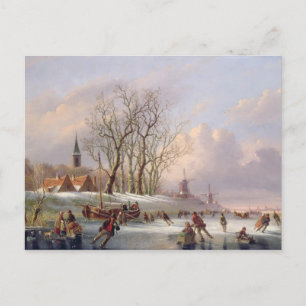 Skaters op een diepgevroren rivier vóór windmolens briefkaart