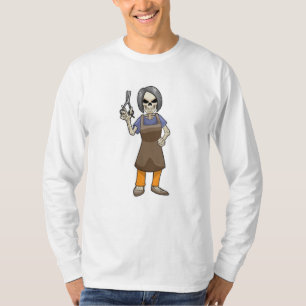 Skelet als hairdresser met schaar t-shirt