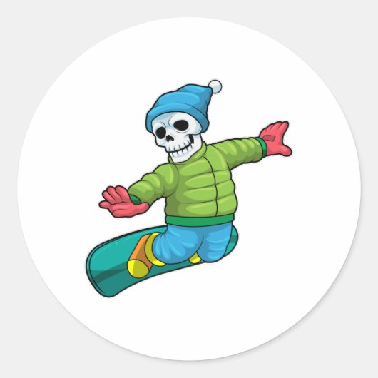 Skelet als Snowboarder met Snowboard Ronde Sticker (Voorkant)