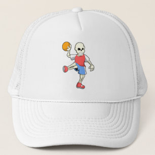 Skelet bij handbalspeler met handbal trucker pet