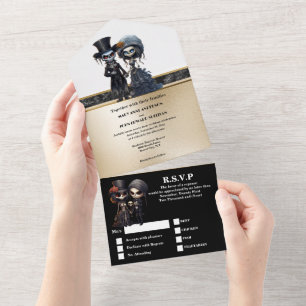 Skelet bruids paar gouden zwart elegante gothic all in one uitnodiging