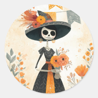 Skelet Dame La Catrina Dag van de Doden Ronde Sticker