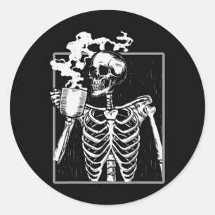 Skelet Drink Coffee Funny Skull Mannen Vrouwen Hal Ronde Sticker