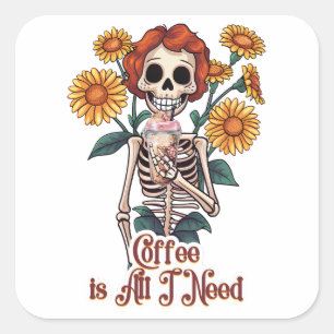 Skelet Drink Koffie Zonnebloemen Vierkante Sticker