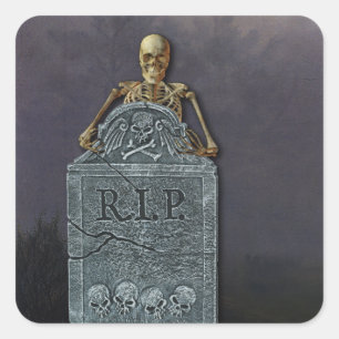 Skelet en grafsteen in begraafplaats Halloween Vierkante Sticker