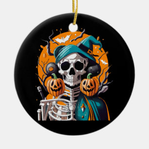 Skelet en pompoen keramisch ornament
