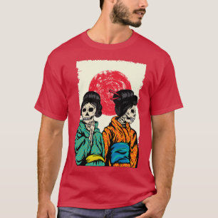Skelet Geisha Meisjes in Rising Sun Japanse Kanji T-shirt