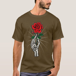 Skelet Hand Rode Rose Bloem Artistiek Halloween C T-shirt