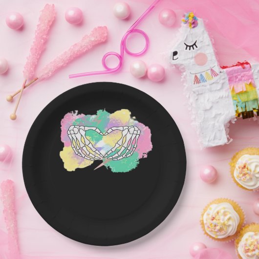 Skelet Handen Hart Met Abstract Gekleurde Backgr Papieren Bordje (Feest)