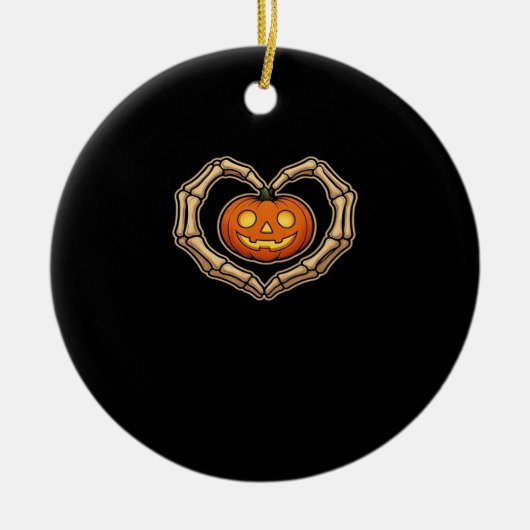 Skelet Handen Hart Met Pompoen Schattige Spooky Ha Keramisch Ornament (Voorkant)